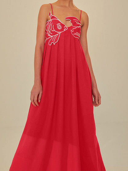 Effortlessly Elevated Embroidered Spaghetti Strap Silk Maxi Dress Flowing Silhouette