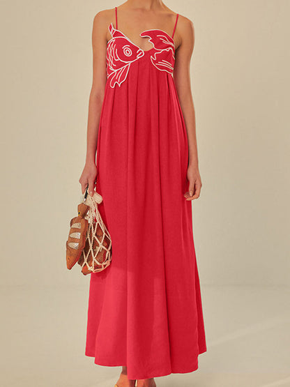 Effortlessly Elevated Embroidered Spaghetti Strap Silk Maxi Dress Flowing Silhouette