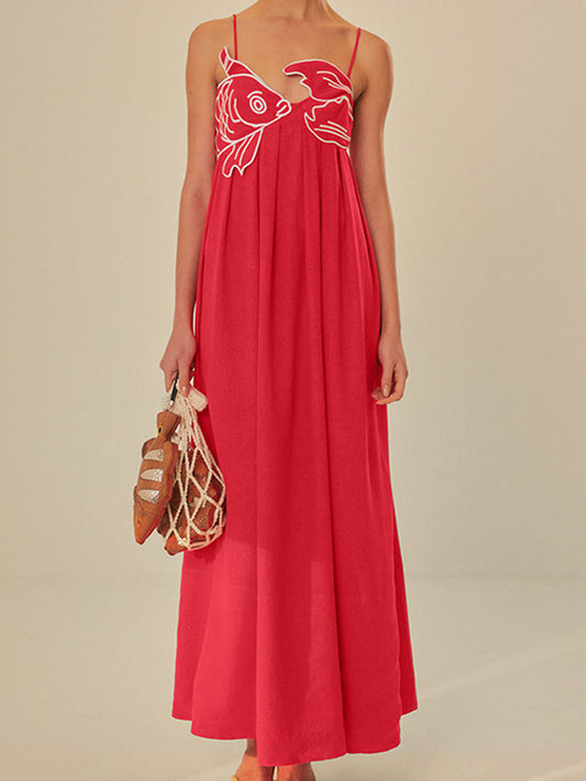 Effortlessly Elevated Embroidered Spaghetti Strap Silk Maxi Dress Flowing Silhouette