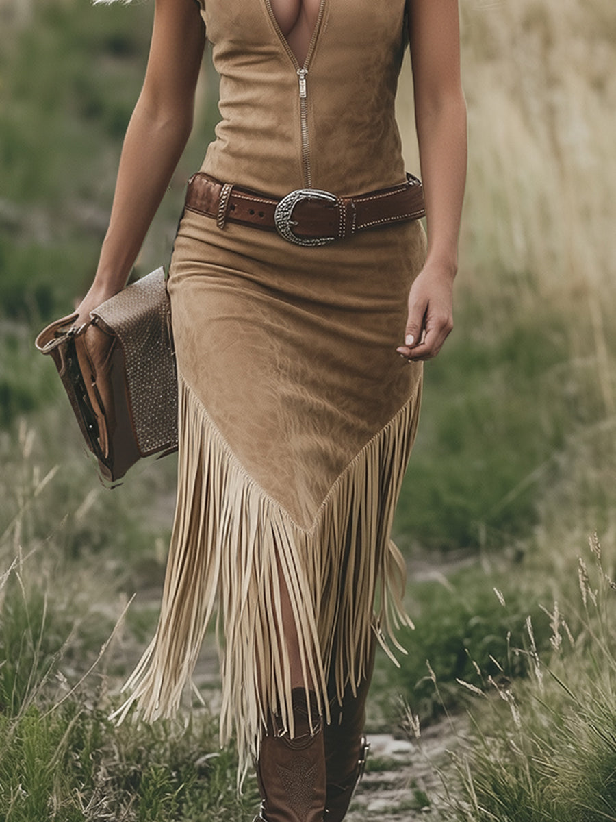 Luxurious Sleeveless Deep Chestnut Suede Tassel Belt Midi Dress