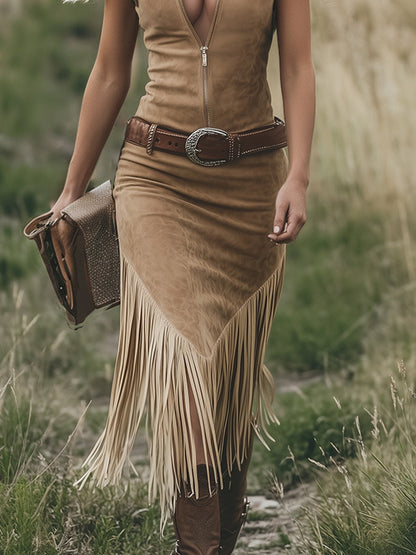 Luxurious Sleeveless Deep Chestnut Suede Tassel Belt Midi Dress