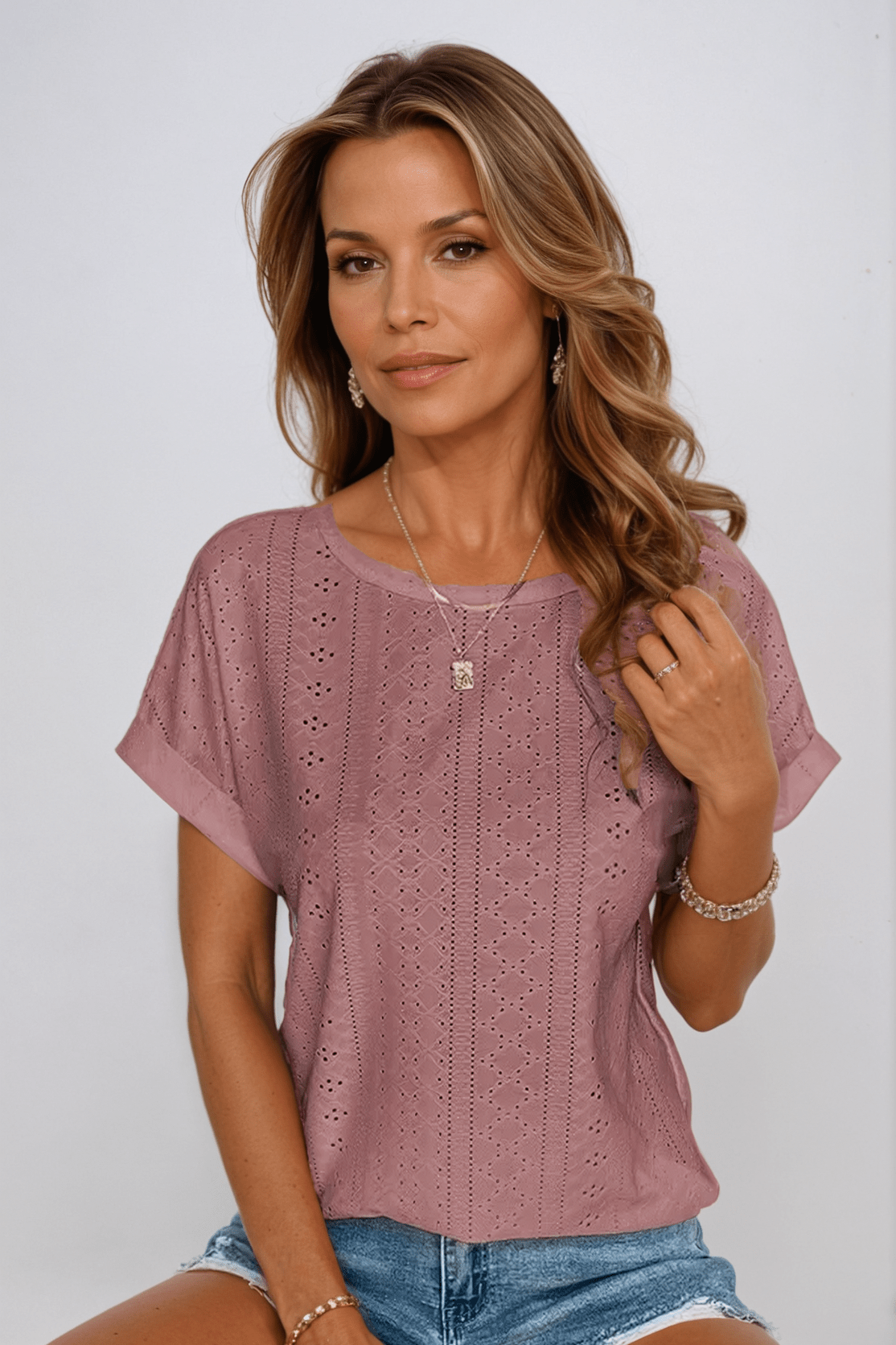 Women's Eyelet Embroidered Top with Crew Neck and Short Sleeves