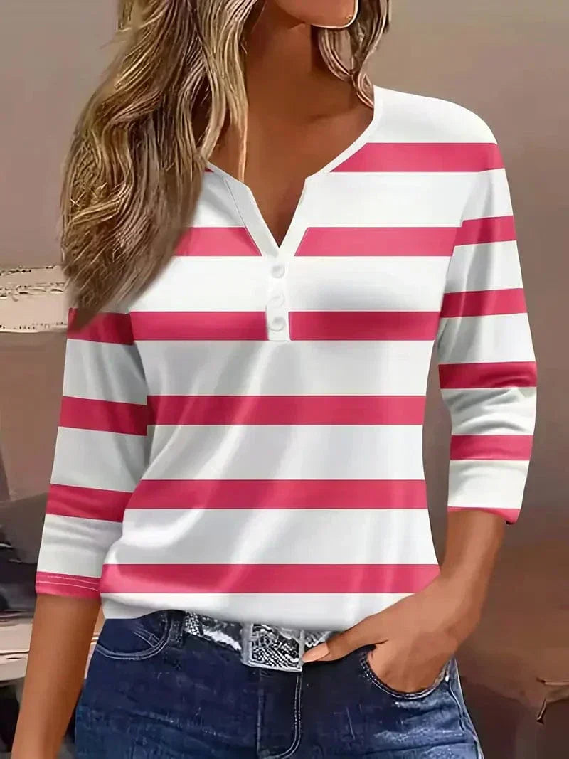 Women's Striped V-Neck Top with Short Sleeves and Lightweight Fabric
