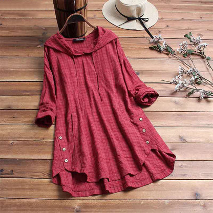 Women's Hoodie Dress with Plaid Pattern and Adjustable Hood