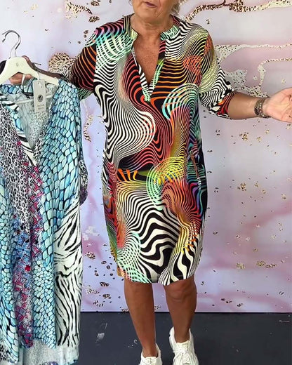 Women's V-Neck Dress with Colorful Print and Flowy Design