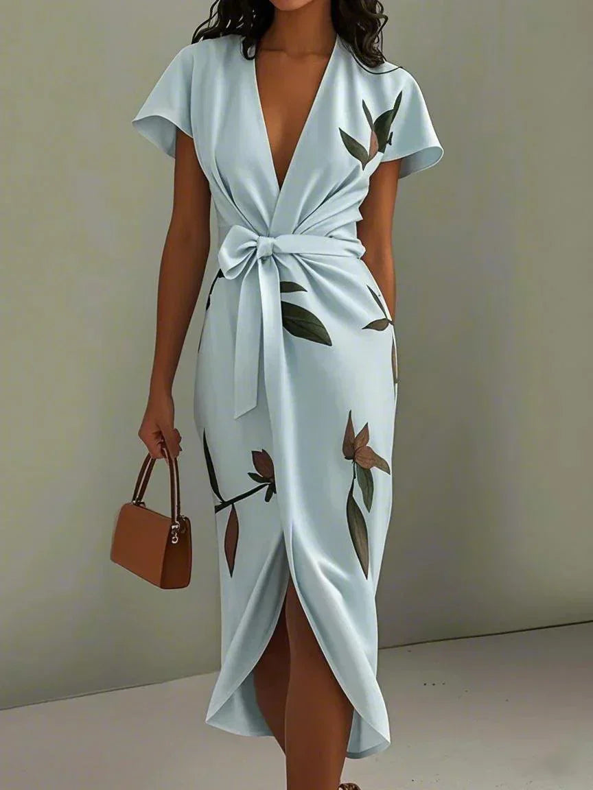 Luxuriously Elegant Flattering Wrap LeafPrinted SilkSateen Waist Defining Belt Dress