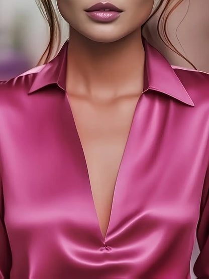 Women's V-Neck Blouse with Satin Finish and Elegant Design