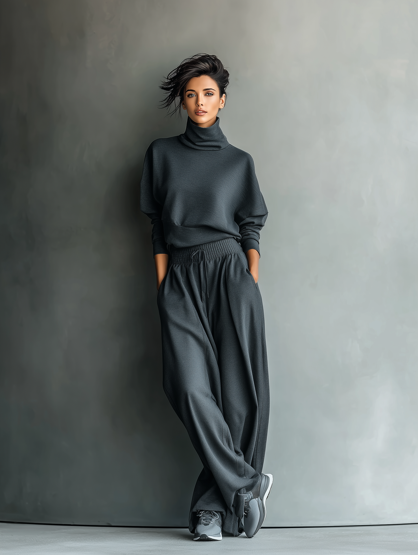 Luxurious Oversized Turtleneck Knitwear Fabric Charcoal Palazzo Wide-Leg Pants Set
