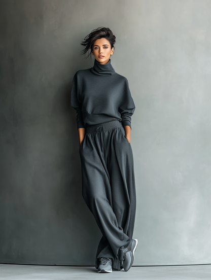 Luxurious Oversized Turtleneck Knitwear Fabric Charcoal Palazzo Wide-Leg Pants Set