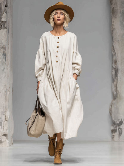 Women’s Cotton Midi Dress – Luxurious Button Front with Spacious Pockets All-Day Comfort Dress