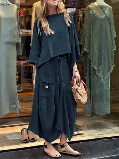 Premium Fashion Solid Color Top and Skirt Set – Casual Round Neck Two-Piece Outfit