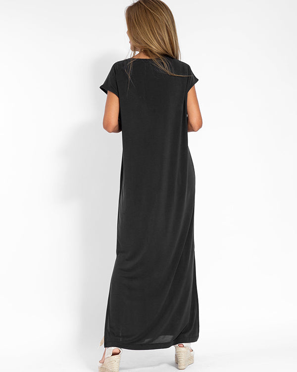 Couture-Inspired V-Neck Side-Slit Ultra-Soft Jersey Season-Long Coral Maxi Dress