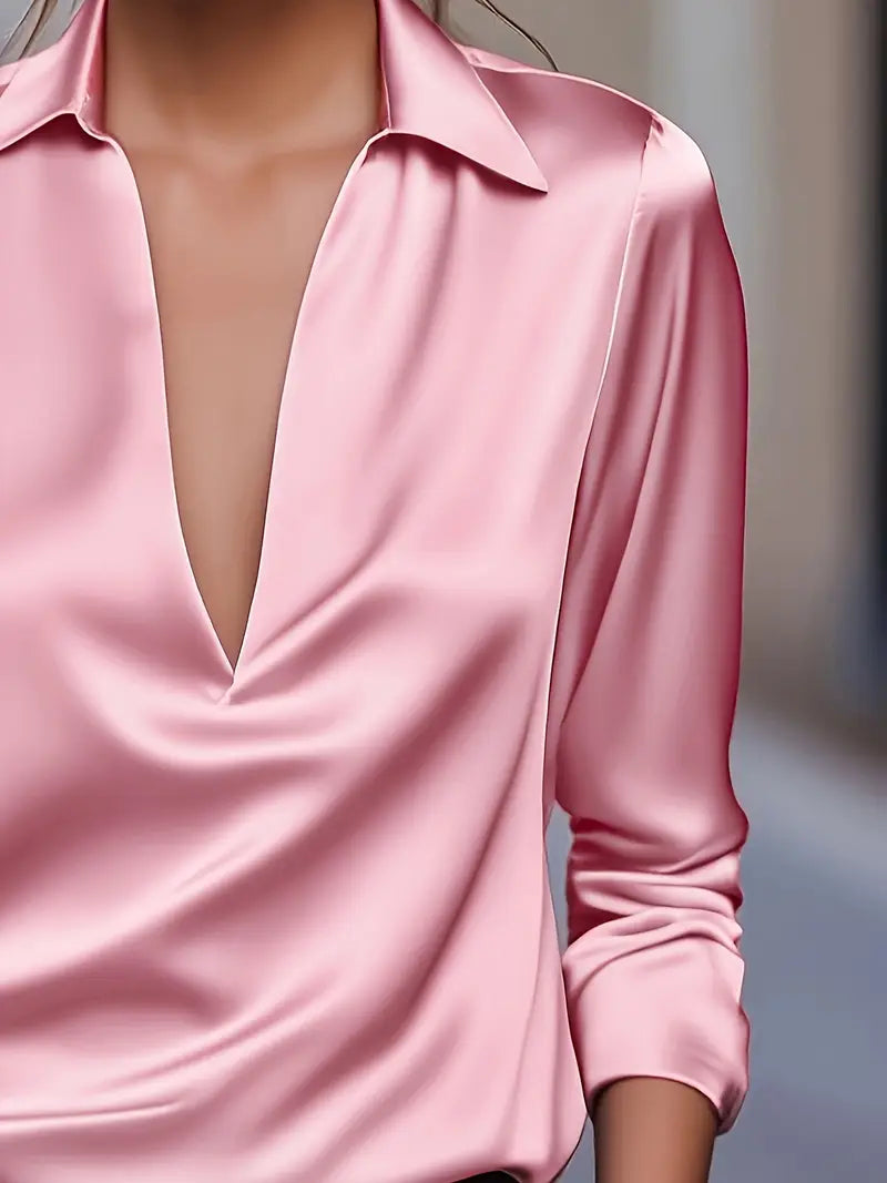 Women's V-Neck Blouse with Satin Finish and Elegant Design