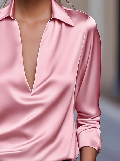 Women's V-Neck Blouse with Satin Finish and Elegant Design
