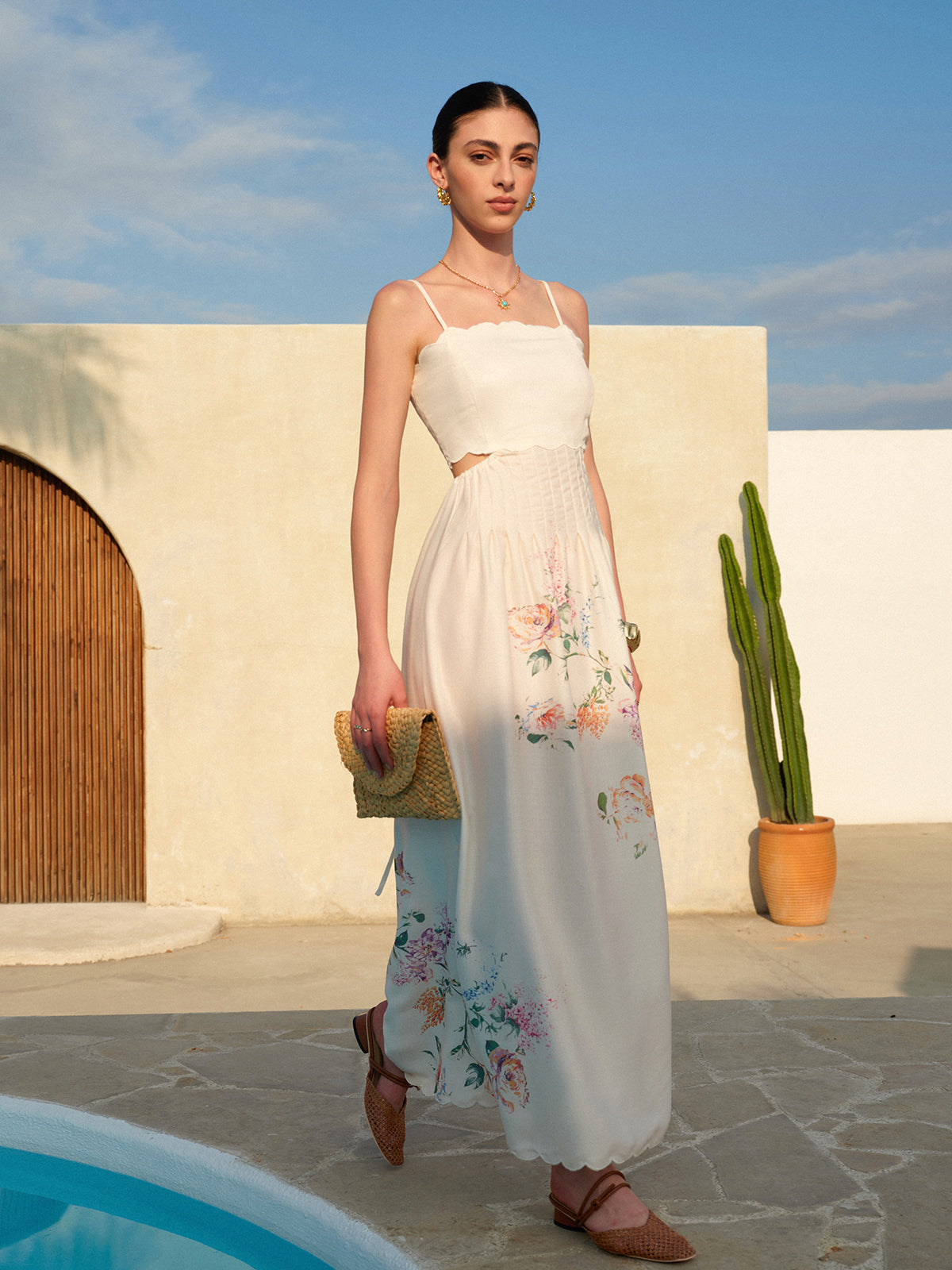 Romantic Cutout Waist Floral Print Scalloped Hem Sundress