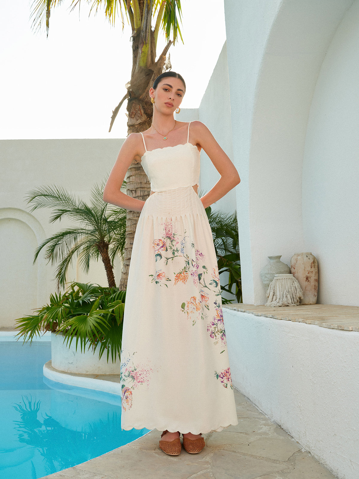 Romantic Cutout Waist Floral Print Scalloped Hem Sundress