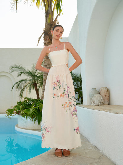 Romantic Cutout Waist Floral Print Scalloped Hem Sundress