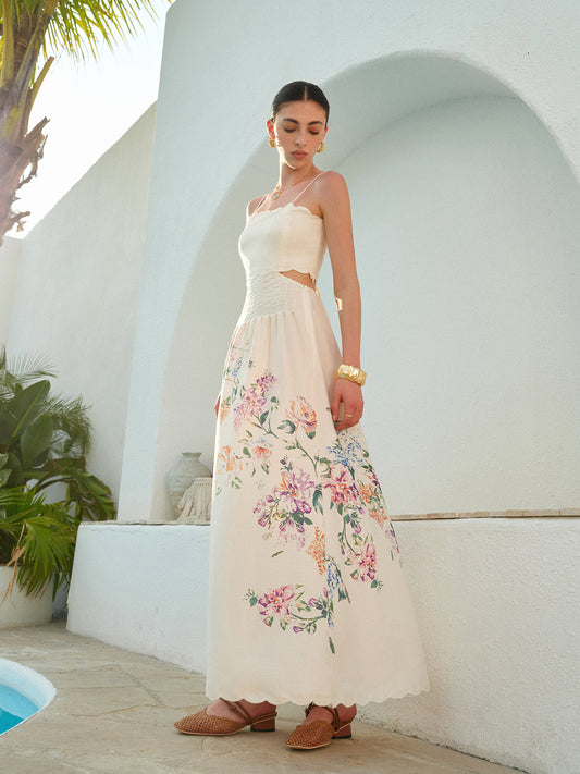 Romantic Cutout Waist Floral Print Scalloped Hem Sundress