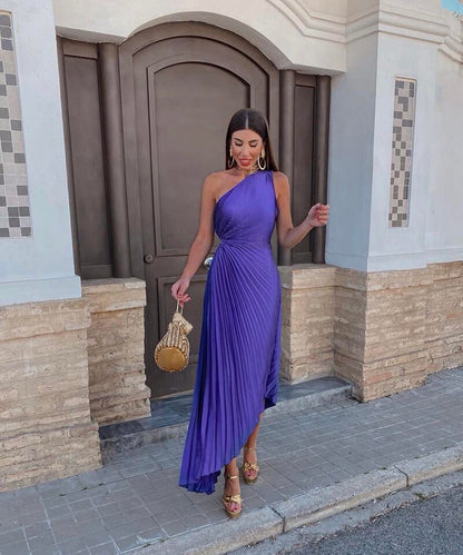 Women's One Shoulder Asymmetric Midi Dress with Evening Style and Elegant Design