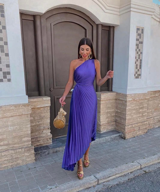 Elegant Flattering One-Shoulder Asymmetric Flowing Chiffon Midi Wedding Guest Dress
