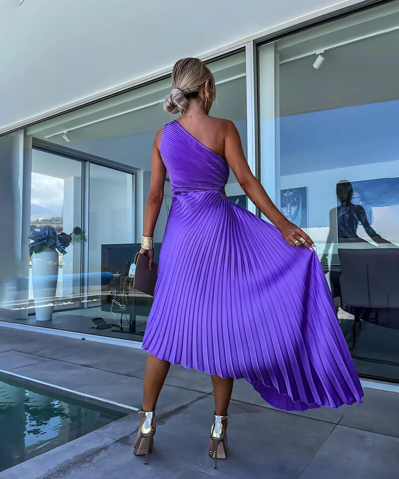 Women's One Shoulder Asymmetric Midi Dress with Evening Style and Elegant Design