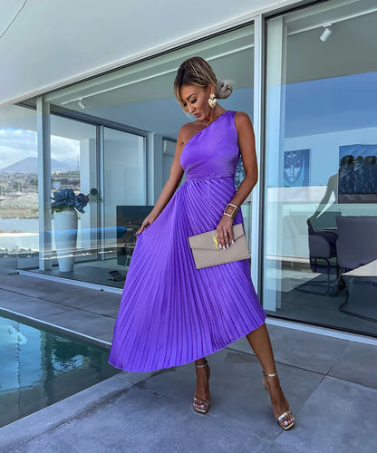 Elegant Flattering One-Shoulder Asymmetric Flowing Chiffon Midi Wedding Guest Dress