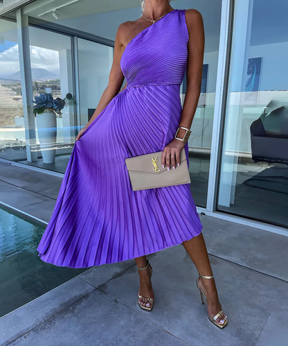 Women's One Shoulder Asymmetric Midi Dress with Evening Style and Elegant Design