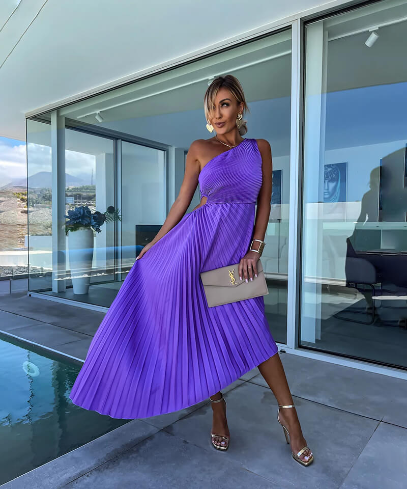 Women's One Shoulder Asymmetric Midi Dress with Evening Style and Elegant Design