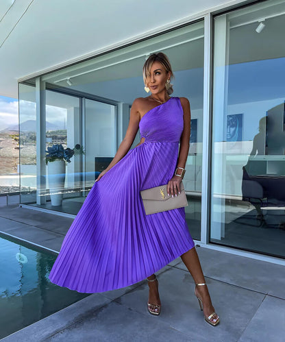 Elegant Flattering One-Shoulder Asymmetric Flowing Chiffon Midi Wedding Guest Dress