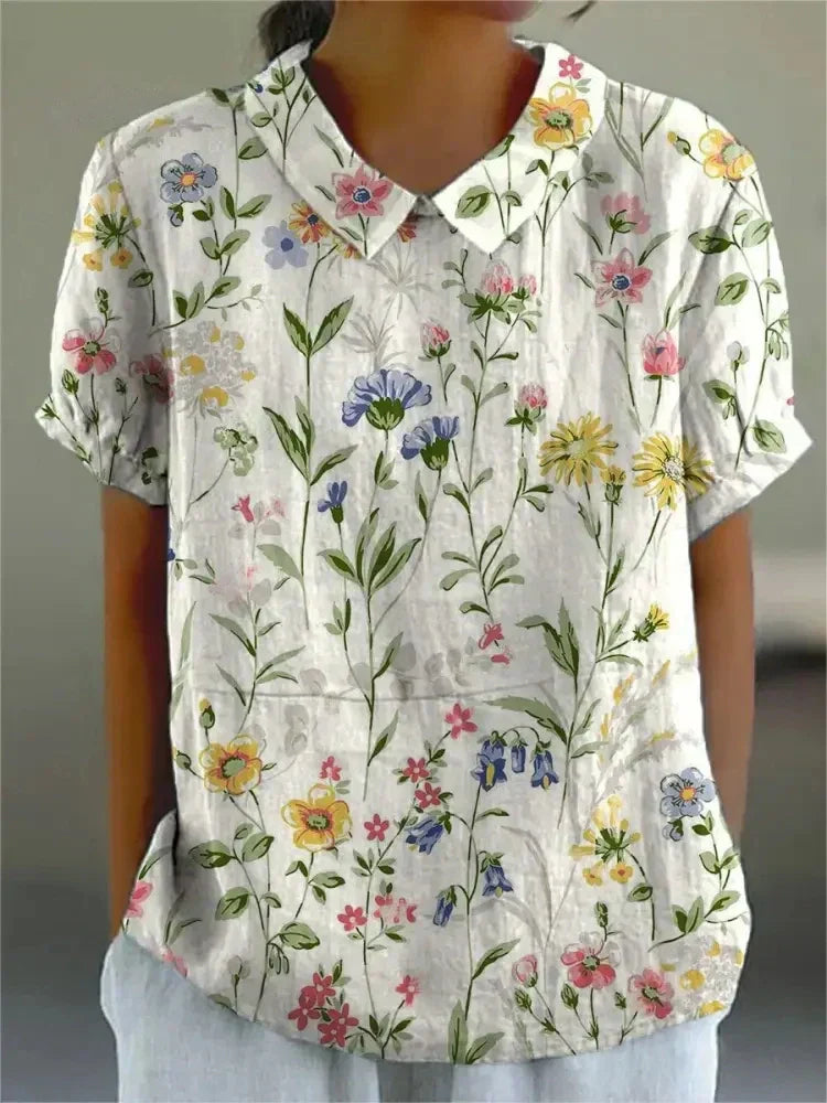 Women's Floral Shirt with Short Sleeves and Button Closure