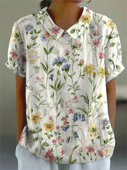 Women's Floral Shirt with Short Sleeves and Button Closure