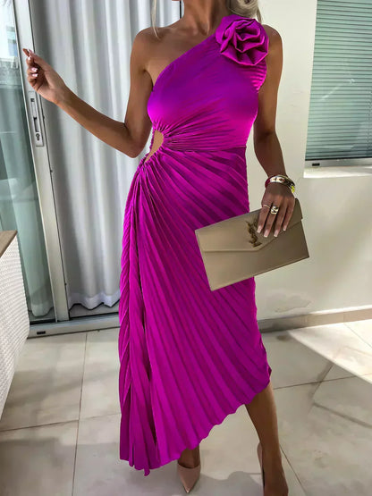 Women's Flowy Draped Cocktail Dress with Floral Design and Elegant Silhouette