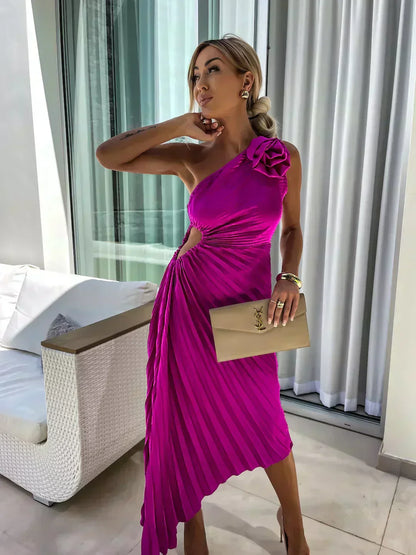 Women's Flowy Draped Cocktail Dress with Floral Design and Elegant Silhouette