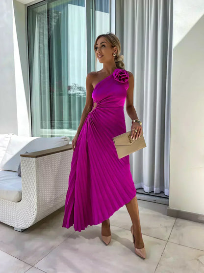 Women's Flowy Draped Cocktail Dress with Floral Design and Elegant Silhouette