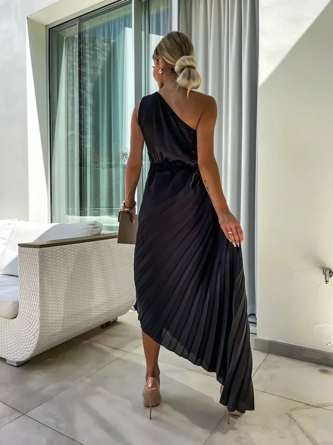 Women's Flowy Draped Cocktail Dress with Floral Design and Elegant Silhouette