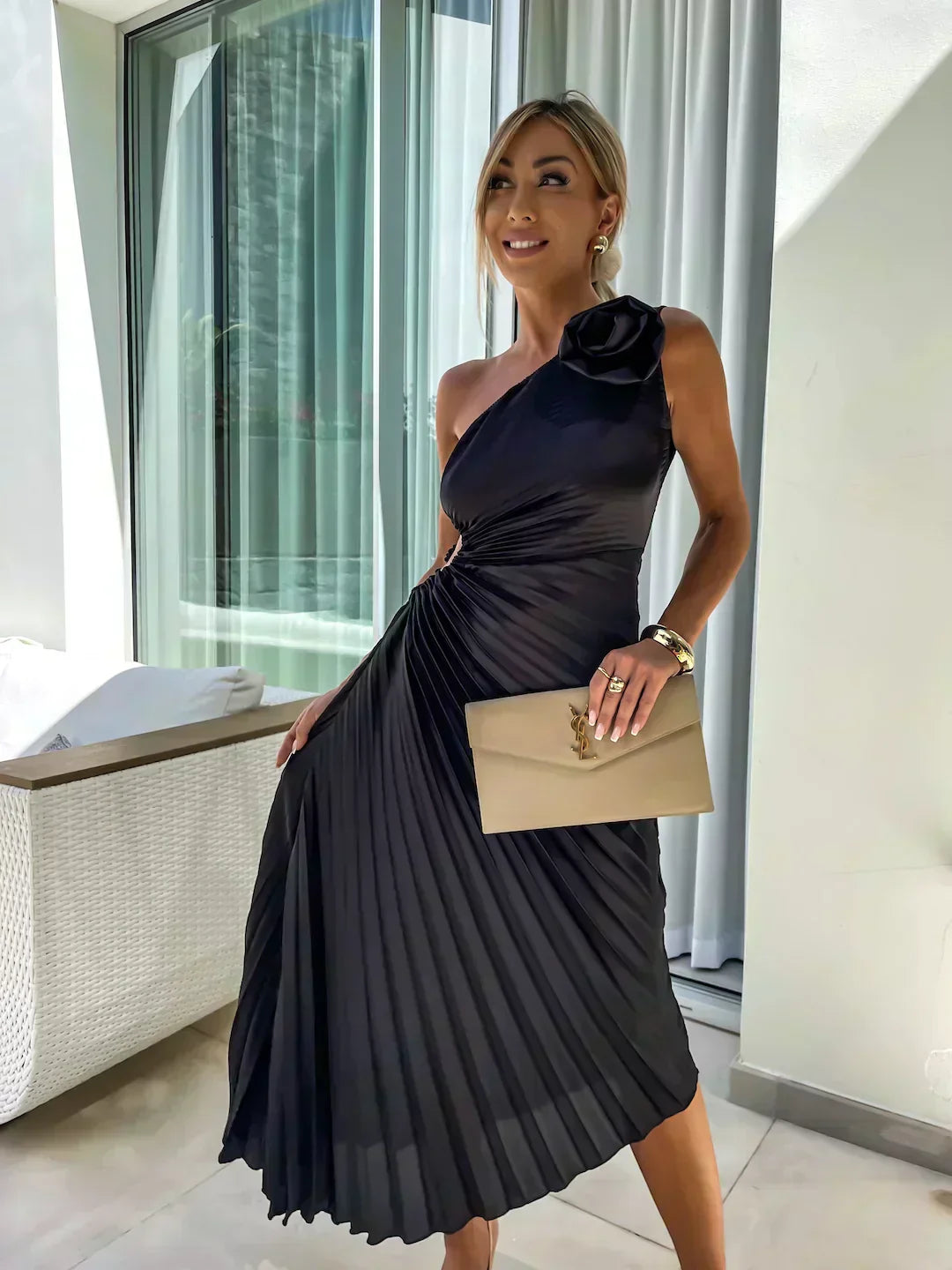 Women's Flowy Draped Cocktail Dress with Floral Design and Elegant Silhouette