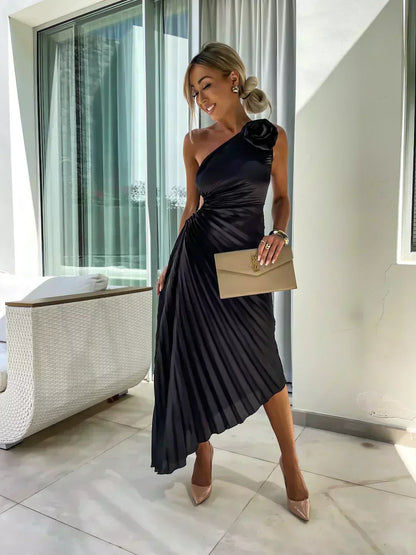 Women's Flowy Draped Cocktail Dress with Floral Design and Elegant Silhouette