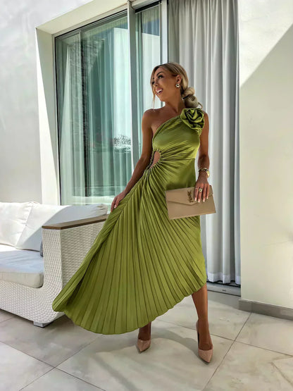 Women's Flowy Draped Cocktail Dress with Floral Design and Elegant Silhouette
