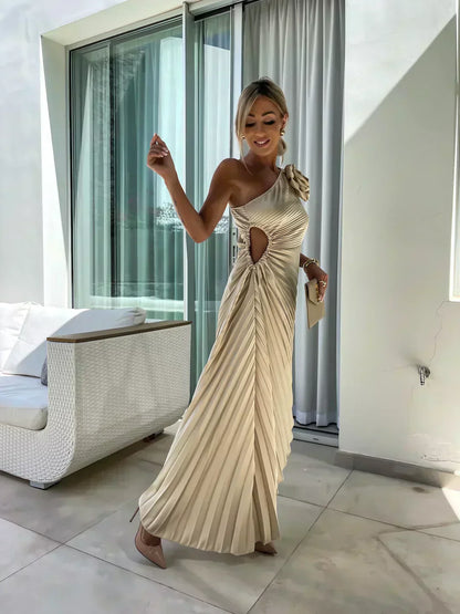 Women's Flowy Draped Cocktail Dress with Floral Design and Elegant Silhouette