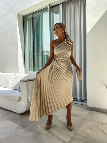Women's Flowy Draped Cocktail Dress with Floral Design and Elegant Silhouette