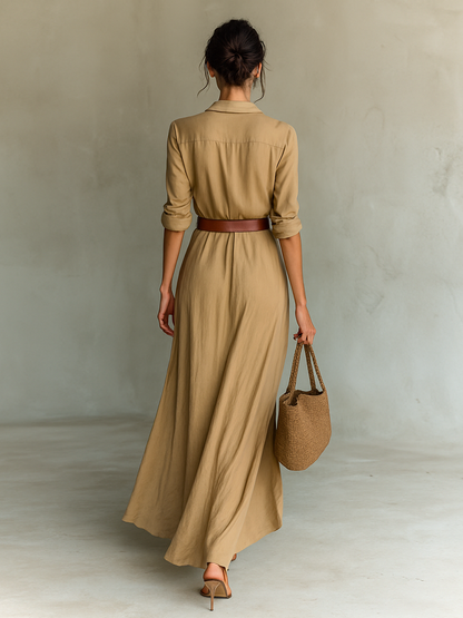 Women’s Crepe Georgette Maxi Dress – Elegant Lapel Single Breasted Belted Long Sleeve Dress