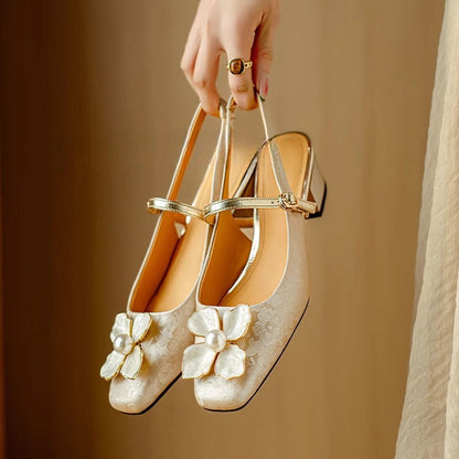 Women's Floral Slingback Pumps with Square Toe and Block Heel