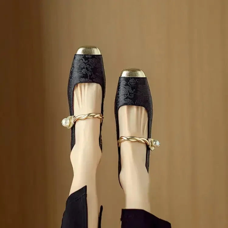Women's Mary Jane Shoes with Pearl Strap and Block Heel