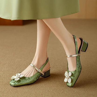 Women's Floral Slingback Pumps with Square Toe and Block Heel