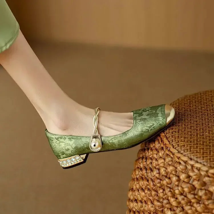 Women's Mary Jane Shoes with Pearl Strap and Block Heel