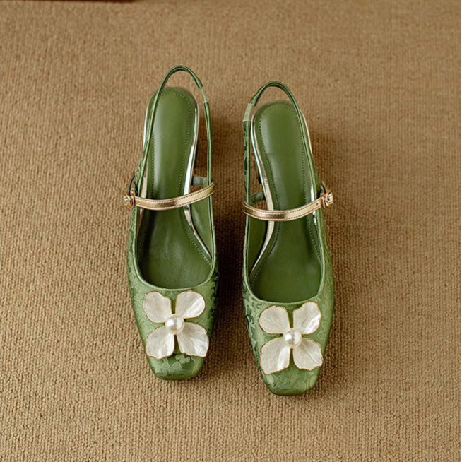 Women's Floral Mary Jane Pumps with Block Heel and Jacquard Strap
