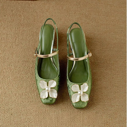 Women's Floral Slingback Pumps with Square Toe and Block Heel
