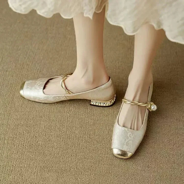 Women's Mary Jane Shoes with Pearl Strap and Block Heel