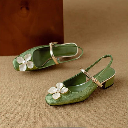 Women's Floral Slingback Pumps with Square Toe and Block Heel