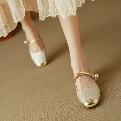 Women's Mary Jane Shoes with Pearl Strap and Block Heel